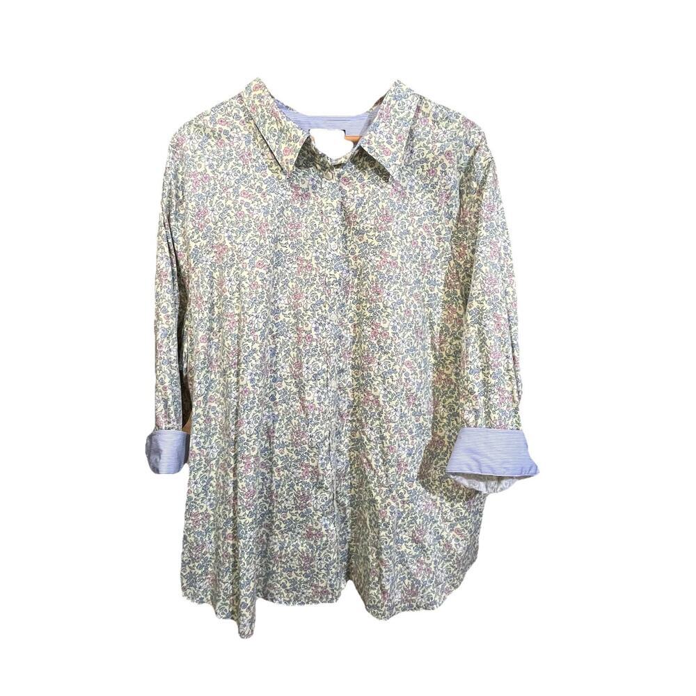 Chaps Non-Iron Floral Cotton Top Size 3X (24W) Yellow 3/4 Sleeve Cottage Mature